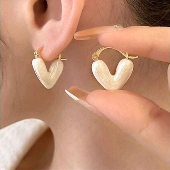 3 For 26 -  White Heart Dangle Hoop Earrings - Picture 4 of 5